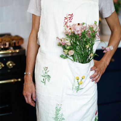 Embroidered Botanicals Apron With Pockets