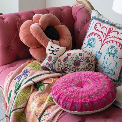 Embroidered Botanicals Cat Shaped Accent Pillow