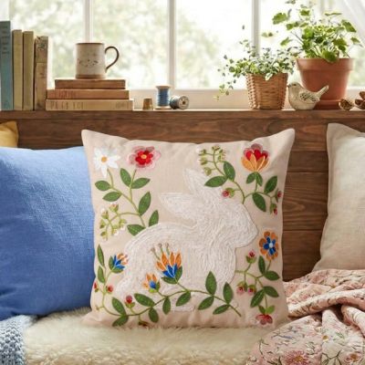 Embroidered Bunny Floral Accent Pillow