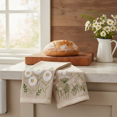 Embroidered Chamomile Floral Tea Towel Set of 2