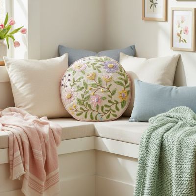 Embroidered Florals Round Accent Pillow