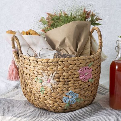 Embroidered Flowers Handled Basket