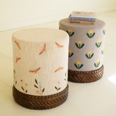 Embroidered Garden Drum Stool with Carved Base