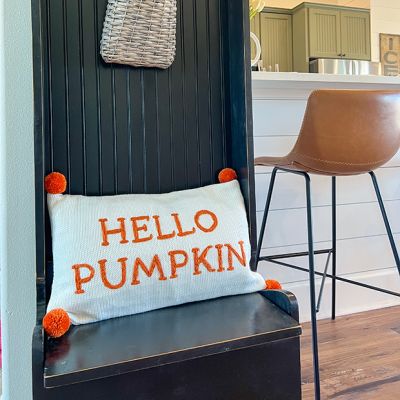 Embroidered Hello Pumpkin Pillow With Pom Poms
