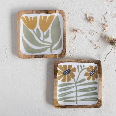 Enameled Flowers On Wood Plate Set of 2