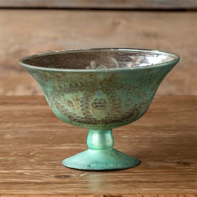 Etched French Blue Mercury Glass Compote Bowl 5.5 Inch