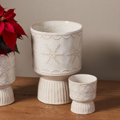 Etched Snowflake Footed Ceramic Pot