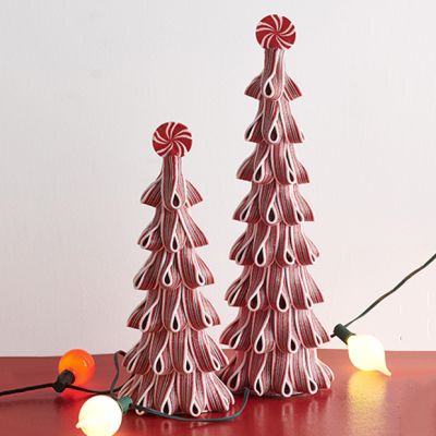 Red and White Ribbon Candy Trees Set of 2