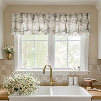 Farmhouse Neutrals Woven Plaid Lined Scalloped Valance