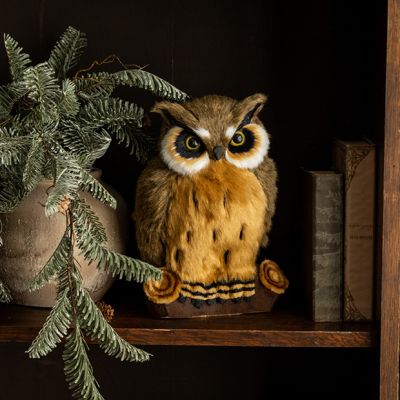 Faux Fur Woodland Great Horned Owl Figure 11 Inch