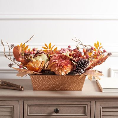 Faux Peony and Pumpkin Planter Box Arrangement