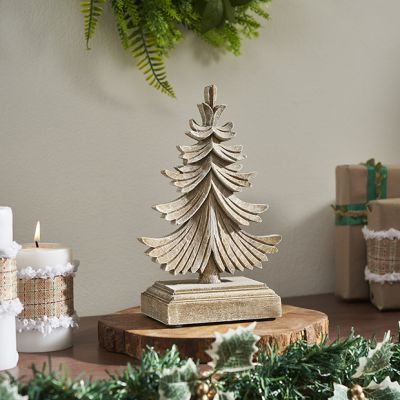 Feathered Finish Rustic Wood Winter Pine Tree Figurine