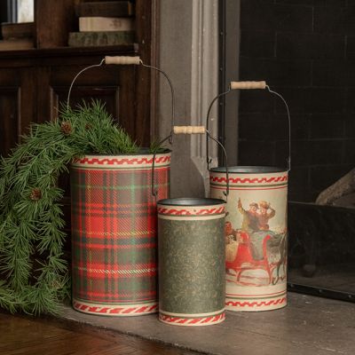Festive Christmas Decorative Metal Buckets Set of 3
