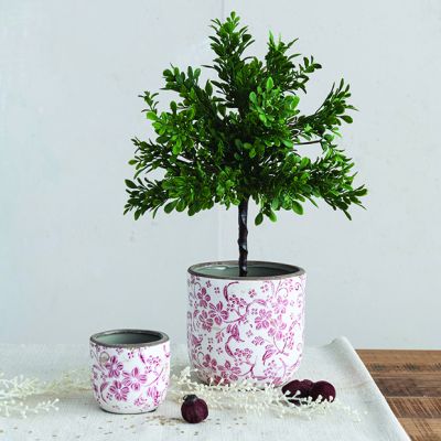 Festive Floral Pattern Stoneware Planters Set of 2