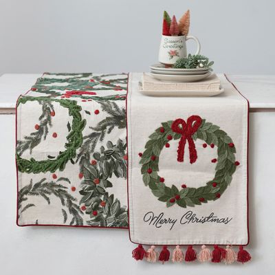 Festive Wreath Holiday Table Runner Merry Christmas