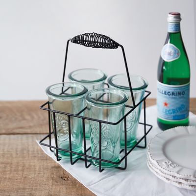 Fleur De Lis Glass Set of 4 In Wire Caddy
