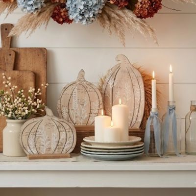 Floral Accented Wood Pumpkin Standup Set of 3