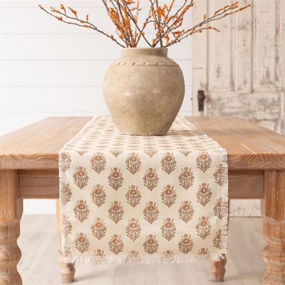 Floral Block Print Table Runner With Fringe