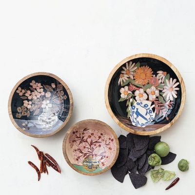Flowers in  Vase Enameled Mango Wood Bowls Set of 3