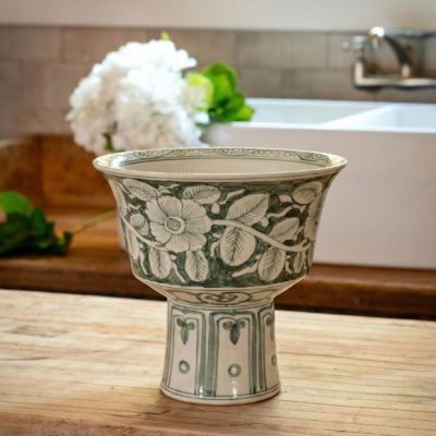 Footed Green and White Floral Stoneware Planter