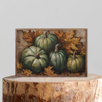 Four Green Pumpkins In Leaves Framed Wall Art