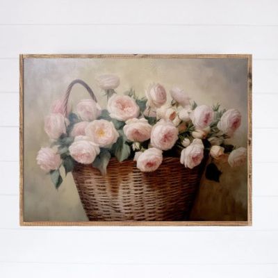 Framed Wicker Basket of Roses Horizontal Printed Canvas Wall Art