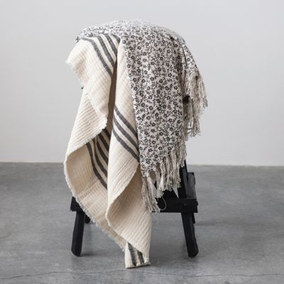 Frayed Edge Striped Cotton Throw Blanket