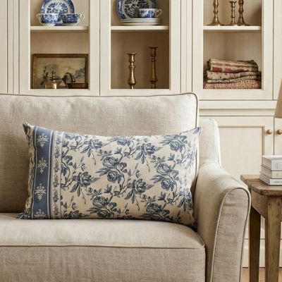French Blue Floral Cotton Lumbar Pillow