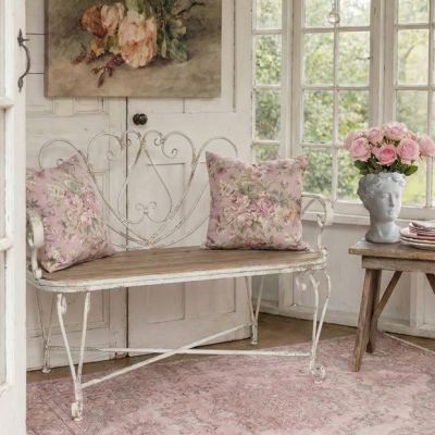 French Country Scrollwork Wooden Seat Garden Bench