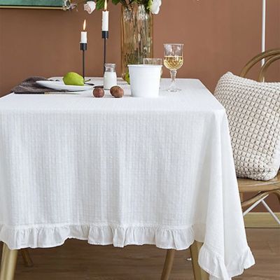French Embroidered White Ruffled Tablecloth