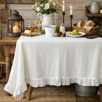French Embroidered White Ruffled Tablecloth