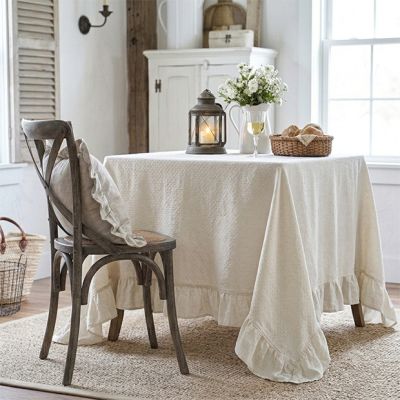 French Embroidered White Ruffled Tablecloth