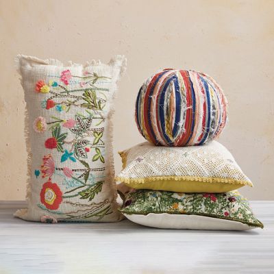 Fringed Floral Cotton Slub Lumbar Pillow