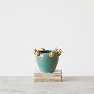 Frog Rimmed Stoneware Planter Pot
