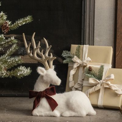 Furry Cream Felt Deer With Bow Figure