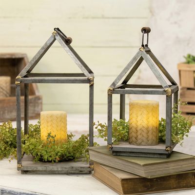 Galvanized Metal and Wood Display Lantern Set of 2