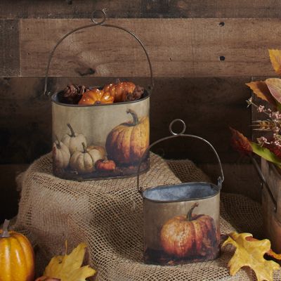 Galvanized Metal Fall Pumpkin Buckets Set of 2