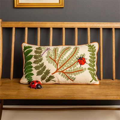 Garden Bugs and Ferns Embroidered Lumbar Pillow