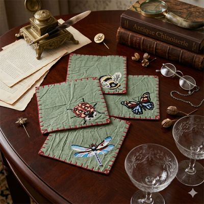 Garden Bugs Embroidered Cocktail Napkins Assorted Set of 4