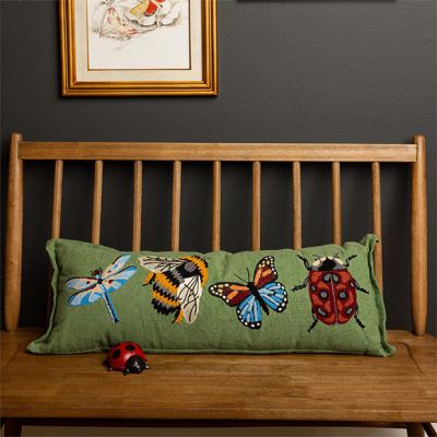 Garden Bugs Embroidered Green Canvas Lumbar Pillow