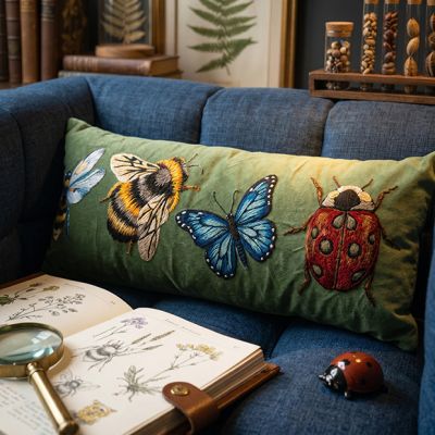 Garden Bugs Embroidered Green Canvas Lumbar Pillow