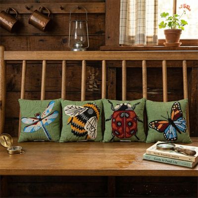 Garden Bugs Embroidered Green Canvas Mini Pillows Set of 4