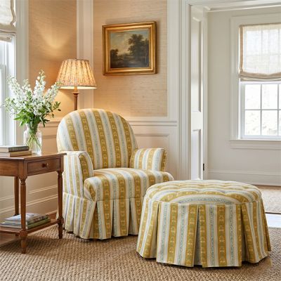 Garden Floral Stripe Skirted Parlor Chair and Ottoman