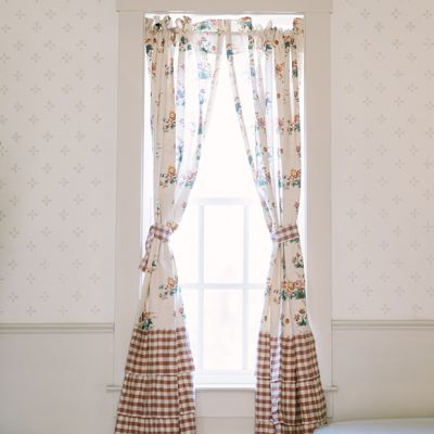 Gingham and Floral Ruffled Curtain Panel Set of 2
