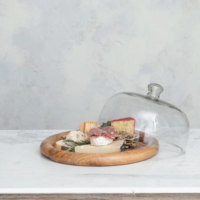 Glass Dome Cloche On Round Wood Plate