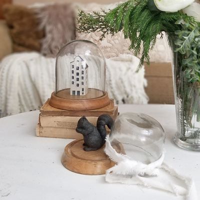 Glass Dome Cloche With Round Wood Base 6 inch