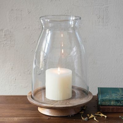 Glass Hurricane with Natural Wood Base Set of 2