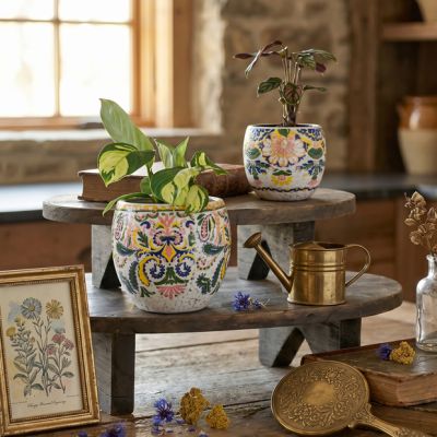 Glazed Floral Pattern Terracotta Planter