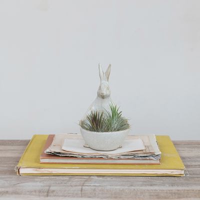 Glazed Stoneware Rabbit Bowl Planter