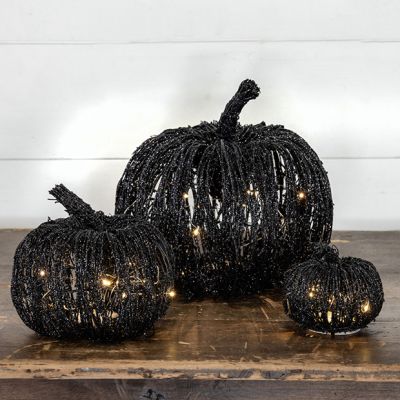 Glittered Lighted Black Rattan Pumpkin